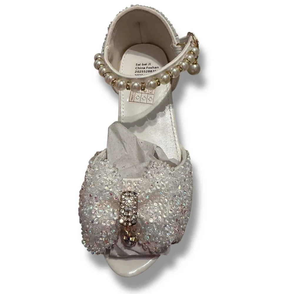 NIB SaiBeiji Kids Girls White Sparkle Bow Pearl Strap Dress Shoes Sz 11.5